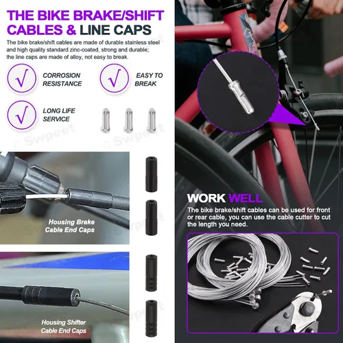 Vista 6 de Swpeet Carcasa universal para cable de cambio de bicicleta, 67 piezas, con kit de cortador de cables de bicicleta, tapas de extremo de cable