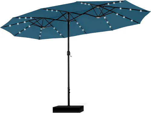 Vista 15 de PHI VILLA Sombrilla de patio grande de 15 pies con base y luces solares, paraguas rectangular de doble cara para exteriores con 36 luces LED, Beige