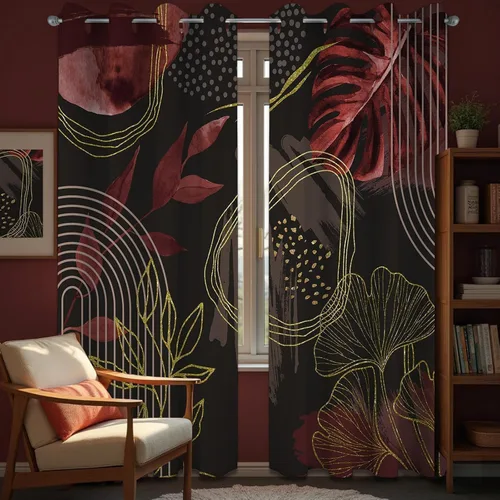 Vista 22 de Cortinas opacas negras y doradas, cortinas modernas de mediados de siglo para dormitorio, sala de estar, 63 pulgadas de largo, juego de 2 paneles