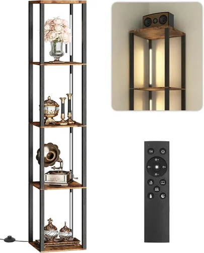 Vista 9 de Estante de exhibición de 64.2 pulgadas con luz, lámpara de pie de esquina moderna con estantes, lámpara de pie LED regulable con control remoto