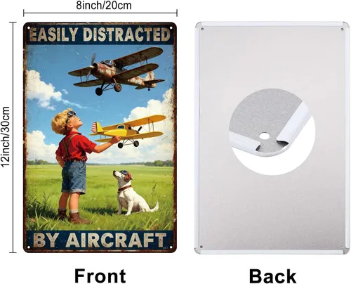 Vista 2 de GLOBLELAND Vintage Airplane Metal Tin Sign 12x8 inch Easily Distracted by Aircraft Tin Signs Retro Plane Metal Wall Poster Plaque for Home Office