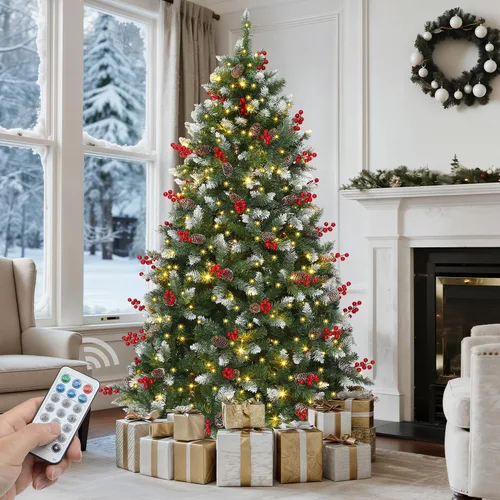 Vista 10 de GOOBED - Árbol de Navidad negro preiluminado de 6 pies con control remoto y 11 modos de luz Black Pre-Lit Spruce Hinged Artificial Halloween