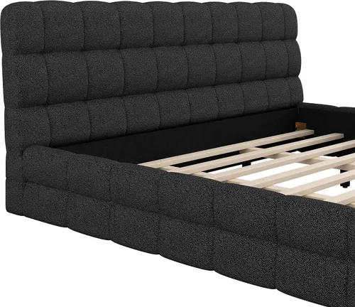 Vista 7 de KLMM Unique King Size Upholstered Platform Bed with Thick Fabric, Grounded Bed with Solid Frame,for Kids Teens Adults Bedroom Use (Black-TF, King)