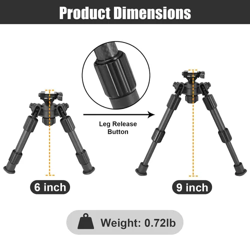 Vista 5 de Bípode de fibra de carbono portátil resistente y duradero para rifles altura ajustable para accesorios de caza de tiro