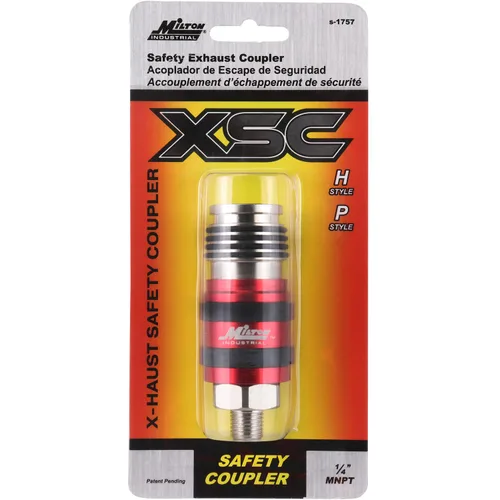 Vista 4 de Milton Acoplador universal de escape de seguridad 2 en Uno: 1/4" MNPT x 3/8" flujo corporal, rojo