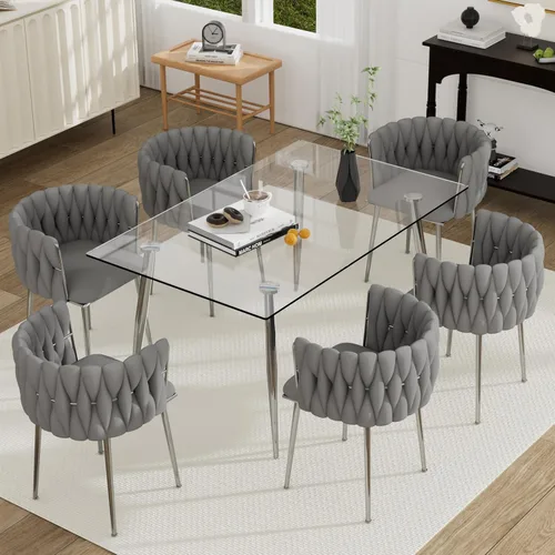 Vista 44 de Juego de mesa de comedor de cristal plateado para 2, juego de mesa cuadrada de lujo moderno de 36 pulgadas, juego de mesa de cocina minimalista de 3