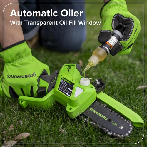 Vista 6 de Greenworks Mini motosierra sin escobillas de 24 V y 4 pies (engrasador automático, tensión sin herramientas, ultraligera), batería y cargador
