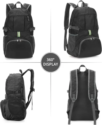 Vista 4 de Yaopeing Mochila ligera, plegable de 25 litros, resistente al agua, bolsa de hombro de viaje al aire libre para mujeres y hombres, color negro