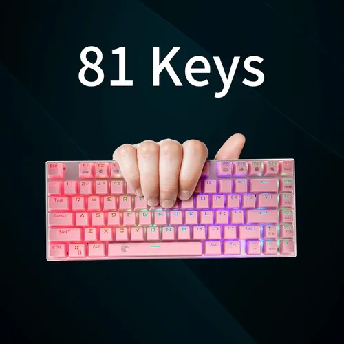 Vista 2 de HUO JI Z-88 Teclado mecánico para juegos, retroiluminación LED, 81 teclas, teclado compacto USB con cable, interruptores marrones, rosa