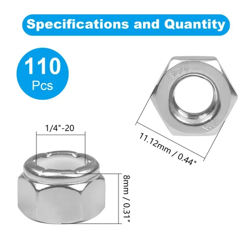 Vista 2 de 110 tuercas hexagonales de nailon de 1/4 "-20, acero inoxidable 304