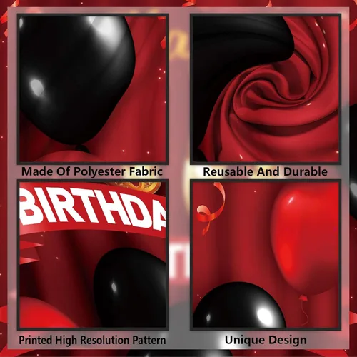 Vista 3 de Cartel rojo de feliz cumpleaños 18 años, telón de fondo dorado con globos rojos y negros, decoración temática para niñas y mujeres, princesa de 18