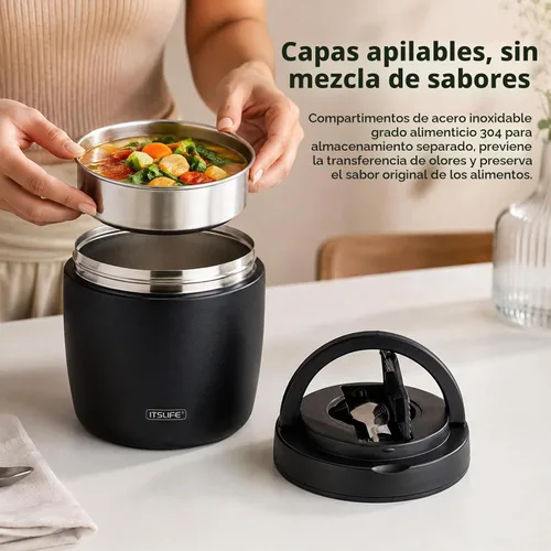 Vista 6 de Termo de sopa para comida caliente, contenedor de almuerzo aislado de acero inoxidable de 32 onzas, termo de boca ancha para sopa y alimentos Negro