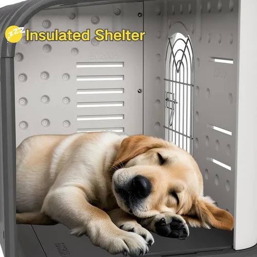 Vista 3 de Casa para perros de plástico de doble pared para interiores y exteriores, casa aislada de doble refuerzo impermeable para perros pequeños, cobertizo