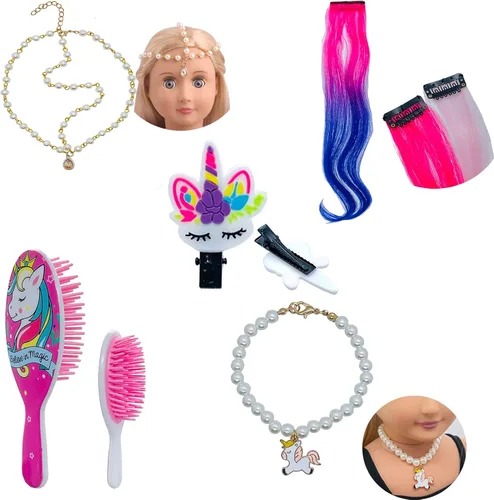 Vista 2 de Accesorios para el cabello de muñeca de 18 pulgadas para muñecas American OG, cepillo de pelo, kit de unicornio arco iris, accesorios para niñas