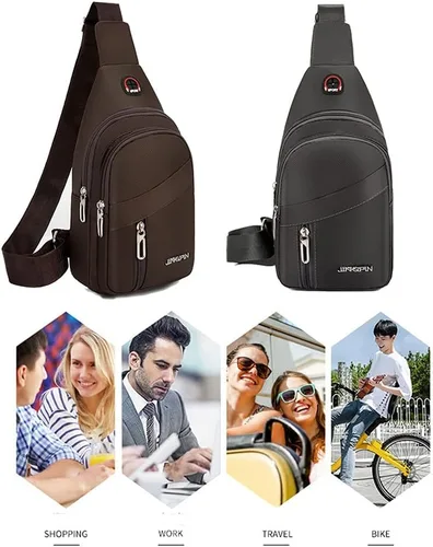 Vista 7 de Yerchic Bolsa pequeña para hombre bandolera de una correa casual con agujero para auriculares para viajes deportes al aire libre Negro S Tendencia