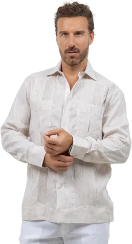 Vista 12 de Mojito - Guayabera de manga larga para hombre, 100% lino, panel de contraste y pliegues tonales Agua