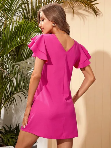 Vista 2 de WDIRARA Vestido de verano con cuello redondo y mangas casquillo con volantes en capas para mujer