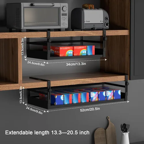Vista 2 de AmonHouseware Paquete de 2 cestas organizadoras debajo del estante, almacenamiento ajustable debajo del gabinete, longitud del soporte colgante Negro