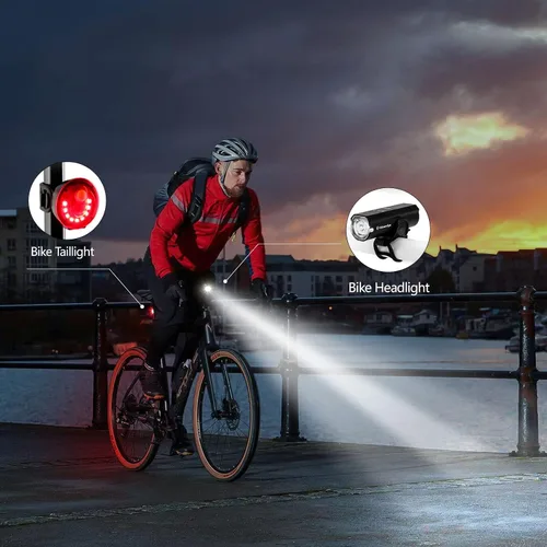 Vista 7 de Juego de luces de bicicleta recargable por USB, potente combinación de faros y luces traseras para bicicleta, 5 modos de luz, fácil de instalar