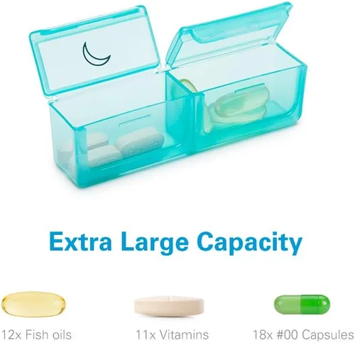 Vista 2 de BUG HULL Pastillero organizador 2 veces al día, pastillero semanal grande AM PM, 7 días pastillero, recipientes de vitaminas de día y noche