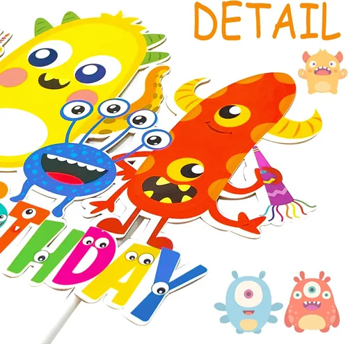Vista 6 de Decoración de pastel de cumpleaños de monstruo, suministros de fiesta de cumpleaños, decoración de pastel de monstruo pequeño para niños, temática