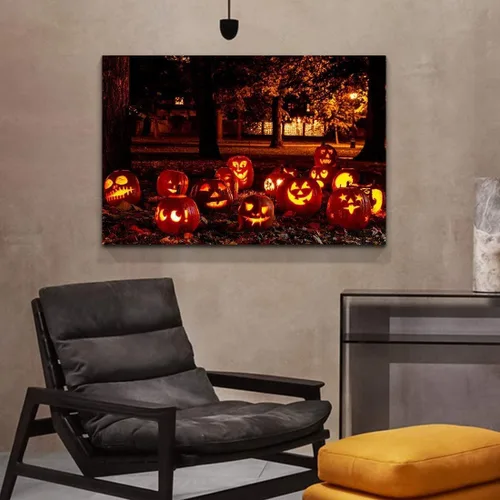 Vista 3 de BANHUA1 Decoración de pared de calabaza de Halloween, lienzo, arte de pared, pósteres para decoración del hogar, arte de pared, impresiones