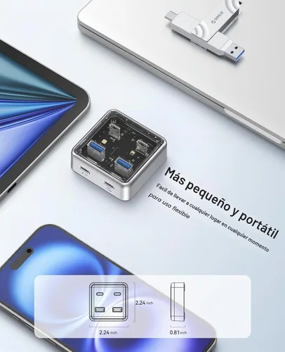 Vista 8 de ORICO Concentrador USB-C de 10 Gbps, divisor USB 3.2 de aleación de zinc de 4 puertos con 2 puertos USB-A y 2 puertos USB-C, extensor de datos