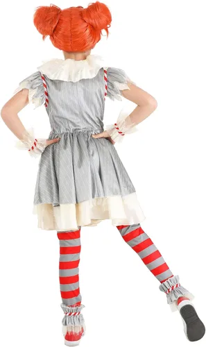 Vista 3 de Disfraz de payaso malvado para niña, vestido de payaso asesino con leggings, puños de muñeca y tobillos. Diseño clásico espeluznante, pequeño