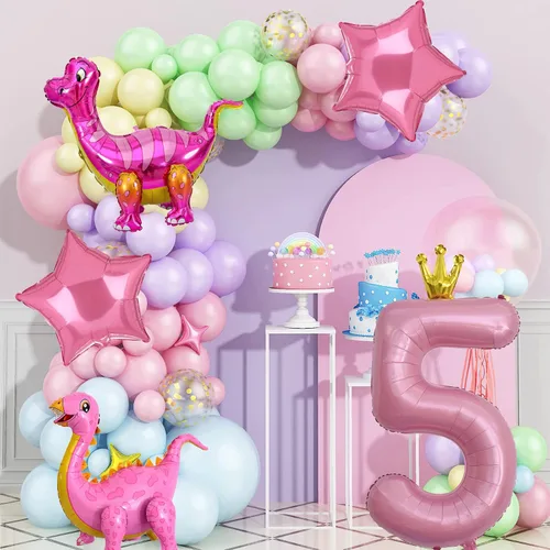 Vista 3 de Globos de dinosaurio rosa, globo de aluminio Mylar con número de cumpleaños para niña, decoraciones de fiesta de 5º cumpleaños