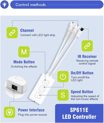 Vista 4 de Controlador LED SP611E Aplicación de música Bluetooth para WS2811WS2812 Tira de luz LED direccionable IR38 teclas DC5V 24V Multicolor