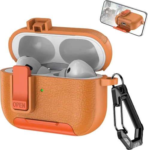 Vista 8 de Funda de cuero con clip de bloqueo para AirPods Pro 2ª/1ª con mosquetón, soporte de carga inalámbrica con soporte, cubierta de protección resistente