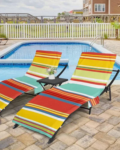 Vista 5 de Coloridas fundas verticales para silla de playa con bolsillos, funda de microfibra de secado rápido, fundas de silla de piscina naranja, toalla