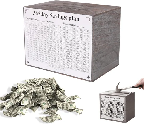 Vista 7 de Alcancía para niños y adultos, caja de ahorro de dinero de madera, alcancía irrompible para el desafío de ahorro de dinero de $10000 $5000 $3000