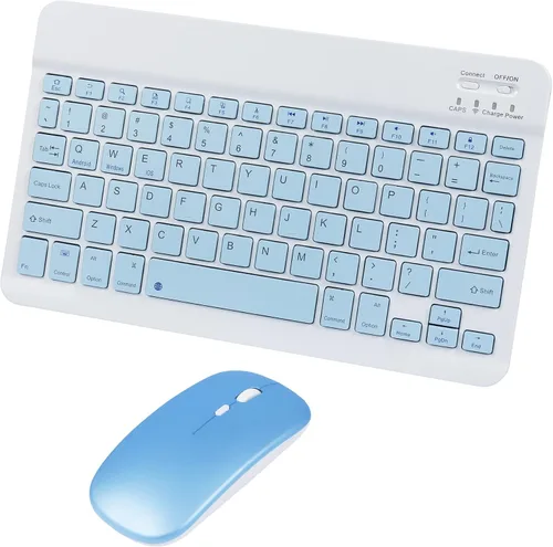 Vista 8 de Combo de teclado y mouse inalámbricos Bluetooth portátil, mini máquina de escribir compacta y delgada, ergonómica, teclado Bluetooth, mouse para Azul
