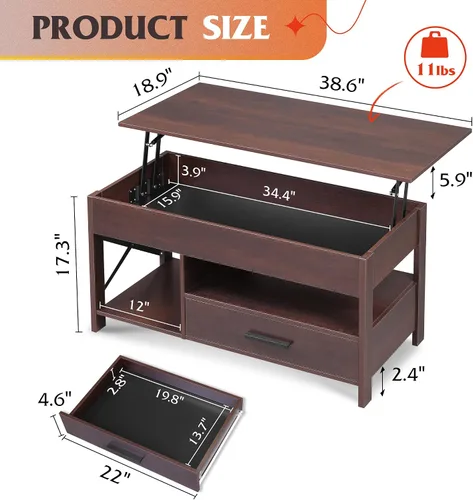 Vista 3 de WLIVE Mesa auxiliar elevable, mesa auxiliar de 39 pulgadas con cajones de almacenamiento, compartimento oculto, mesa central de madera para sala