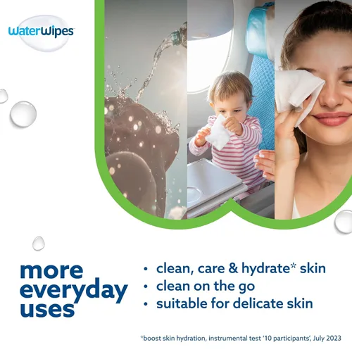 Vista 6 de WaterWipes Toallitas Sensibles+ Impulso Hidratante, 3-En-1 Limpia, Cuida, Hidrata, 99% de Agua con Aloe Vera, Toallitas para Bebé Sin Perfume