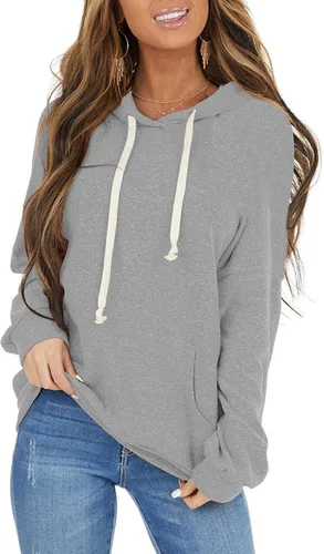 Vista 12 de Sudaderas con capucha casuales para mujer, ligeras, de manga larga, blancas, con cordón, sudaderas holgadas con bolsillo Carbón