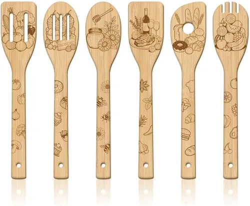 Vista 8 de GLOBLELAND Juego de 6 cucharas de madera para pastel de cumpleaños, utensilios de cocina de tallado de bambú, juego de espátulas de cocina grabadas