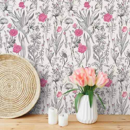Vista 2 de VEELIKE Papel tapiz de dibujo floral gris para despegar y pegar, papel tapiz de flores rosas de 17.7 x 118 pulgadas, papel de pared botánico vintage