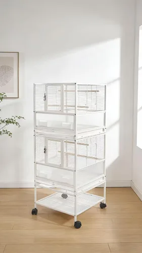 Vista 11 de Jaula apilable para pájaros de cría con deflector a prueba de salpicaduras, soporte rodante con ruedas, para pajareros, canarios, cacatúas