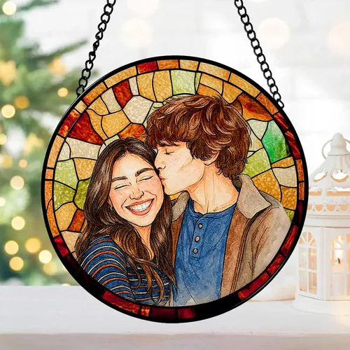 Vista 4 de Foto personalizada para parejas con vitrales de imitación para parejas, retrato de fotos para colgar en la ventana, regalo para él y él, regalo