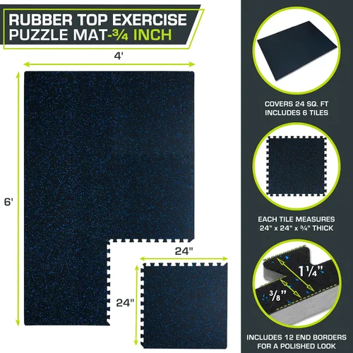 Vista 2 de ProsourceFit Alfombrilla de goma para rompecabezas de ejercicio de 3/4 pulgadas, 24 pies cuadrados, 6 azulejos, azulejos entrelazados de espuma EVA