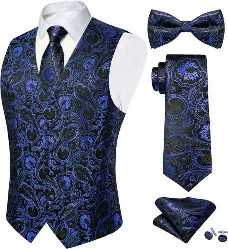 Vista 12 de DiBanGu Conjunto de 5 chalecos de seda con corbata y corbatín para hombre Paisley oro negro