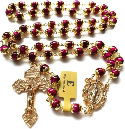 Vista 6 de elegantmedical Collar de cuentas de oración de ojo de tigre hecho a mano, rosario católico, crucifijo dorado, caja de regalo, Italia