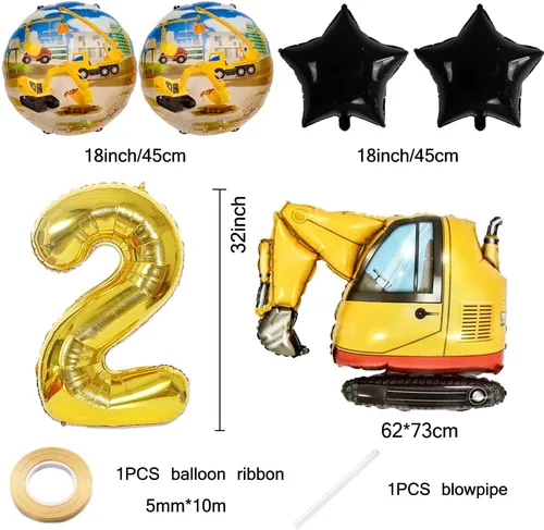 Vista 3 de Globos de construcción para fiesta de 2º cumpleaños, globos de construcción para decoración de cumpleaños de 2 años, globo de aluminio de excavadora