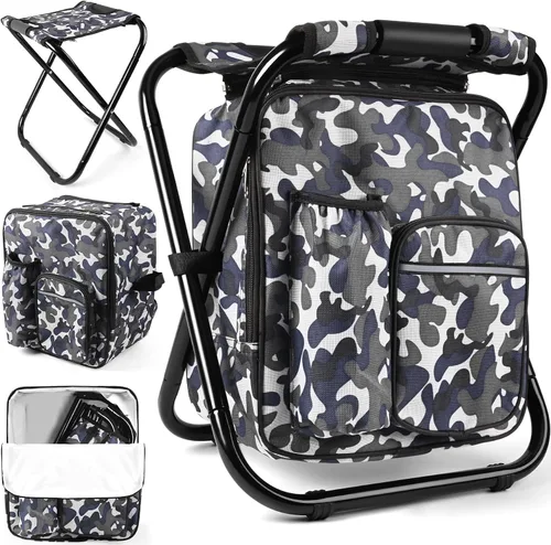 Vista 11 de Kikerike Mochila plegable con aislamiento, silla plegable para camping, caza, pesca, multifunción con bolsillo frontal y bolsillo para botella