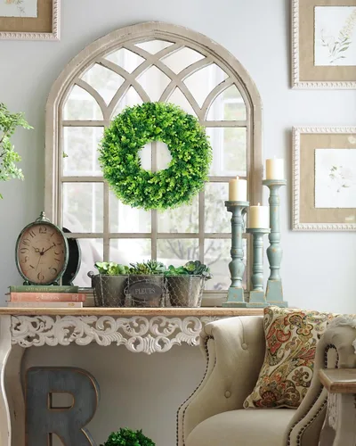 Vista 6 de DDHS Corona de boj de 18 pulgadas para puerta principal – Corona artificial verde de casa de campo, decoración DIY para primavera, verano, otoño e
