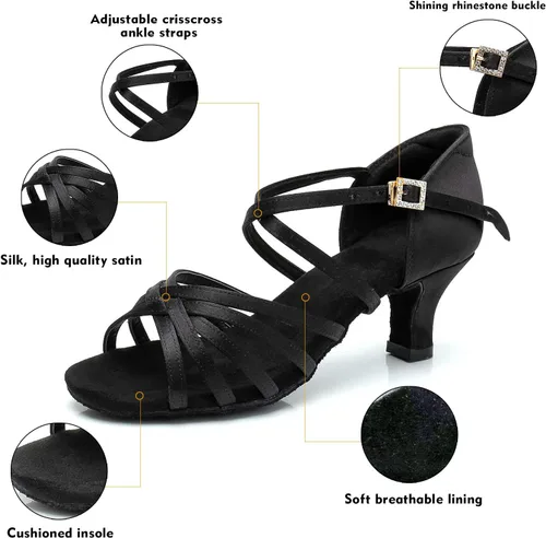 Vista 5 de Zapatos de baile latino para mujer, de satén, profesional, para sala de baile, salsa, práctica, rendimiento