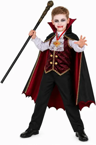 Vista 3 de Disfraz de vampiro para niños, disfraz gótico de Halloween con capa y dientes, collar de bastón, accesorios de vampiro