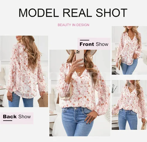 Vista 4 de SHEWIN - Blusas casuales, holgadas, de estilo bohemio, mangas largas, con cuello en V y estampado floral para mujer